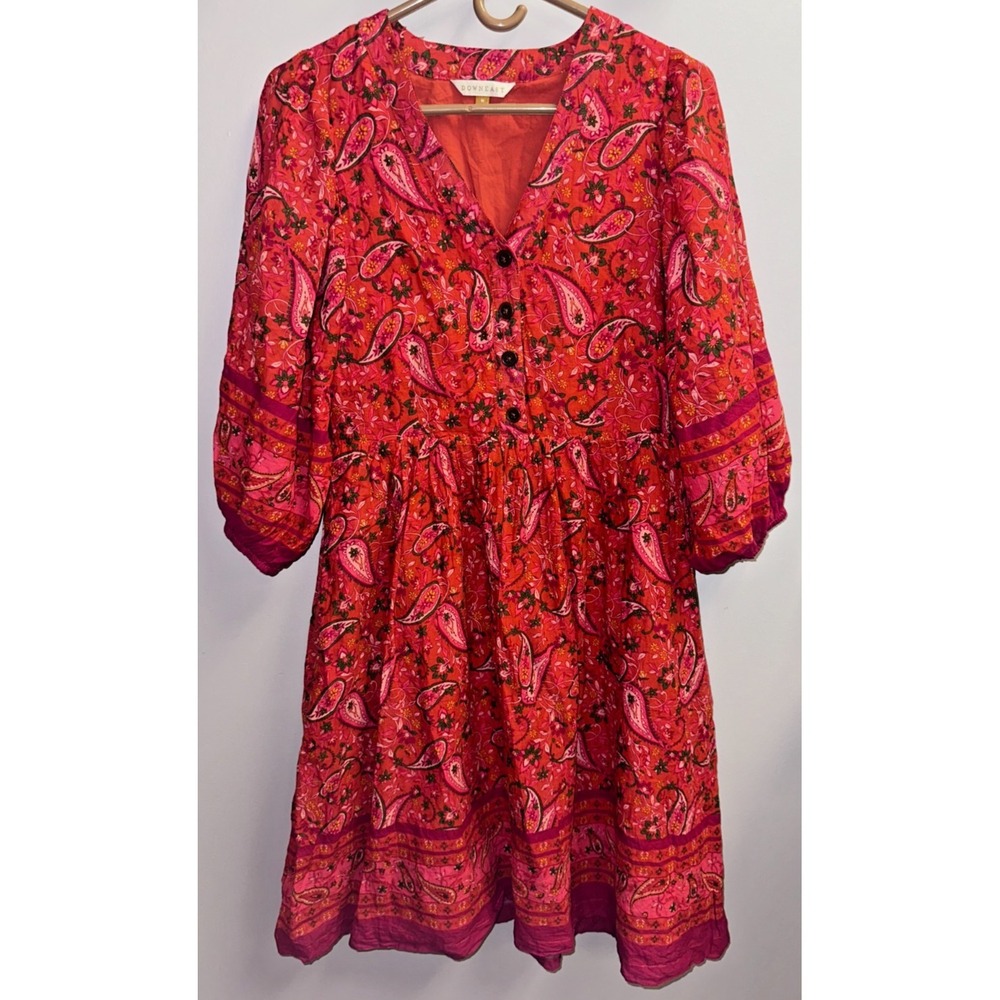DownEast Orange‎ Pink Boho Paisley Floral Cotton Button Front Midi Dress Medium